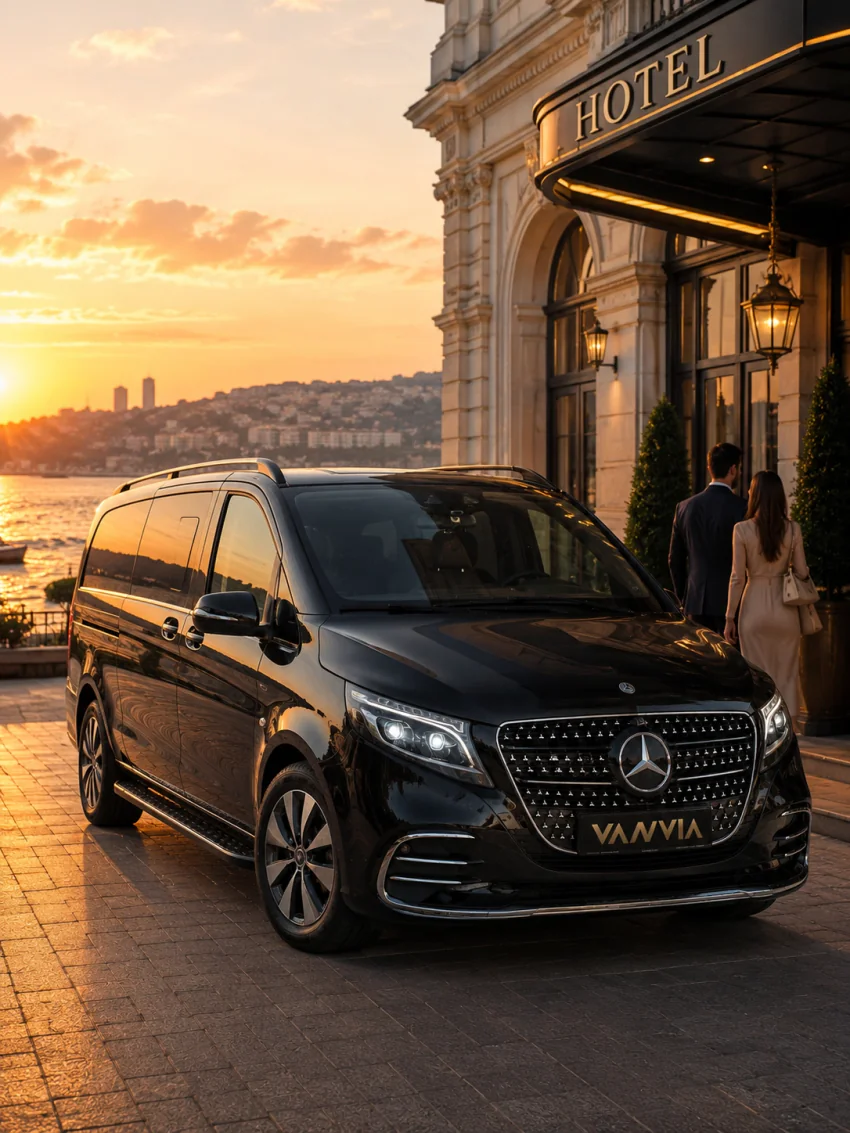 Vanvia VIP transfer vehicle and guests at a waterfront hotel entrance by the Bosphorus