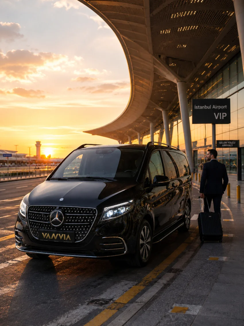 Vanvia VIP transfer vehicle and passenger outside the Istanbul Airport arrivals terminal