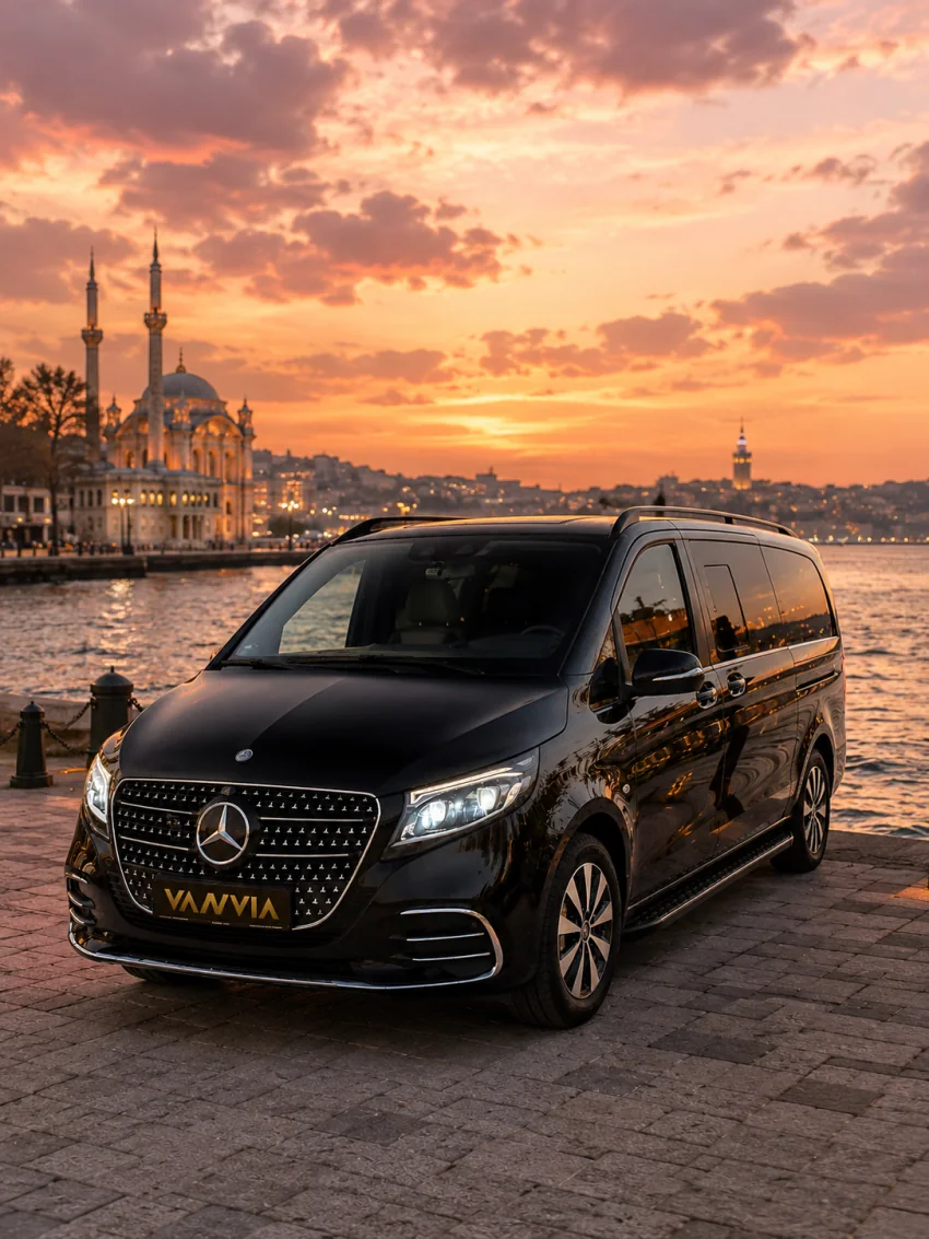 Ein schwarzes Vanvia-VIP-Transferfahrzeug wartet in Ortaköy, Istanbul, mit Moschee und Bosporus im Blick
