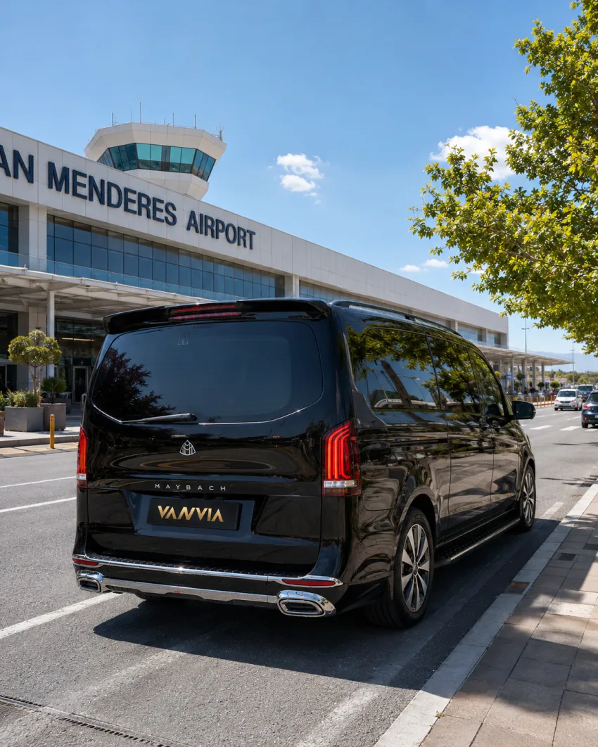 Чёрный автомобиль Vanvia для VIP-трансфера перед терминалом аэропорта Измир имени Аднана Мендереса