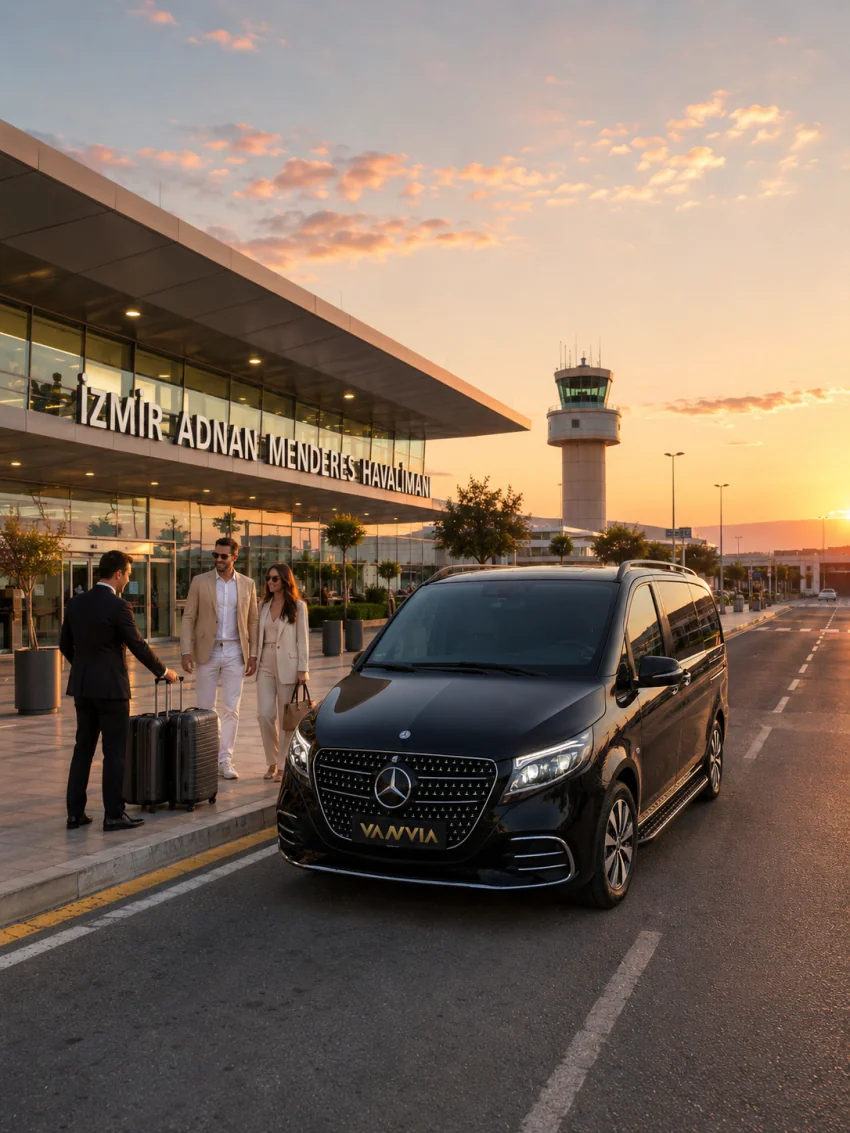 İzmir Adnan Menderes Havalimanı çıkışında gün batımında bavullarıyla karşılanan yolcular ve siyah Vanvia VIP transfer aracı