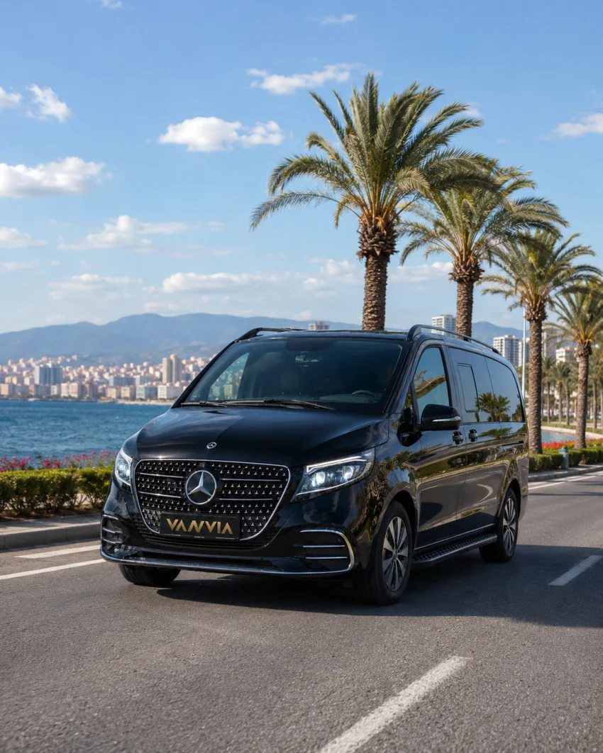 A black Vanvia transfer vehicle moving along a palm-lined coastal boulevard by day, with a bay and city skyline behind it