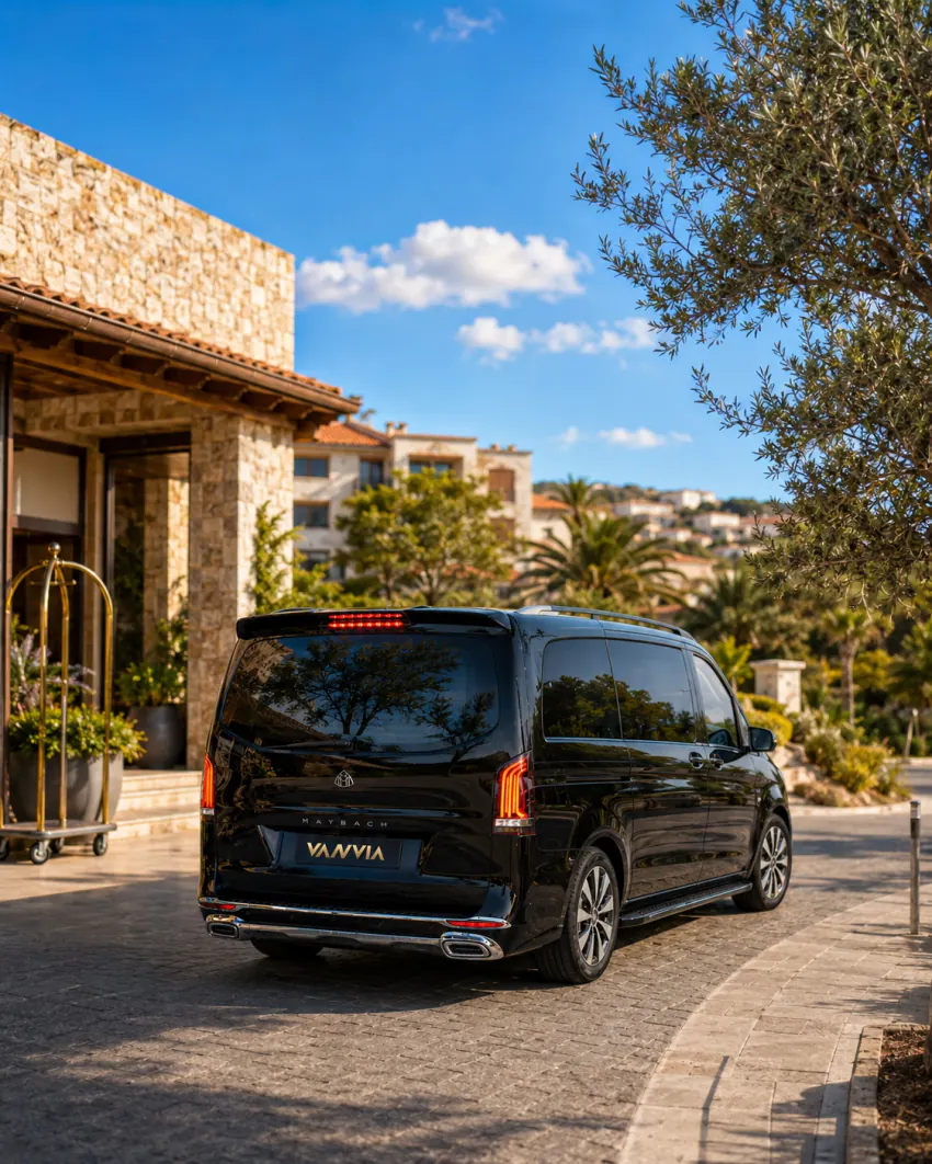 Black Vanvia VIP transfer vehicle at a stone hotel entrance