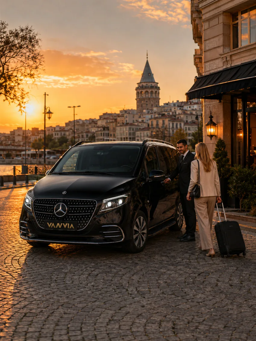 Guests walking to a black Vanvia VIP transfer vehicle from a hotel terrace in Karaköy, with the Galata Tower in view