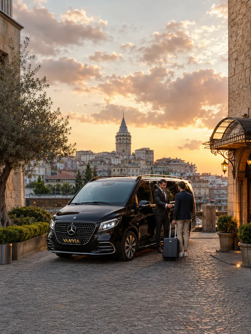 Galata Kulesi manzaralı sokakta gün batımında bavul teslim eden şoför ve siyah Vanvia VIP transfer aracı