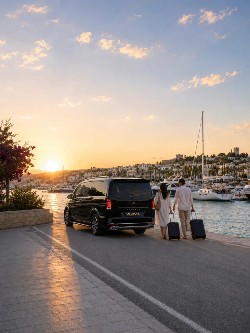 A couple walking with their suitcases toward the yacht quay at a marina at sunset, with a black Vanvia transfer vehicle waiting at the roadside