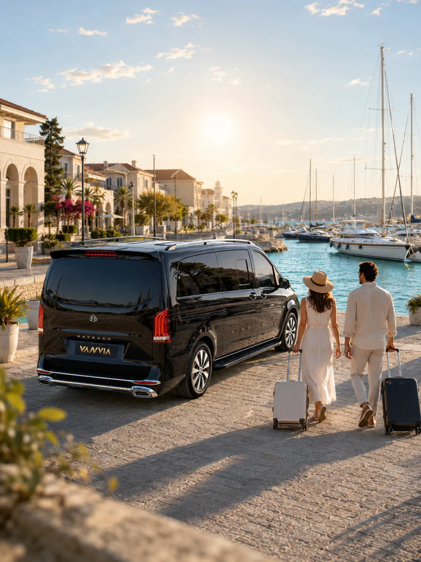 A couple walking with their suitcases toward the yacht quay along a marina promenade in golden hour, with a black Vanvia transfer vehicle waiting behind them