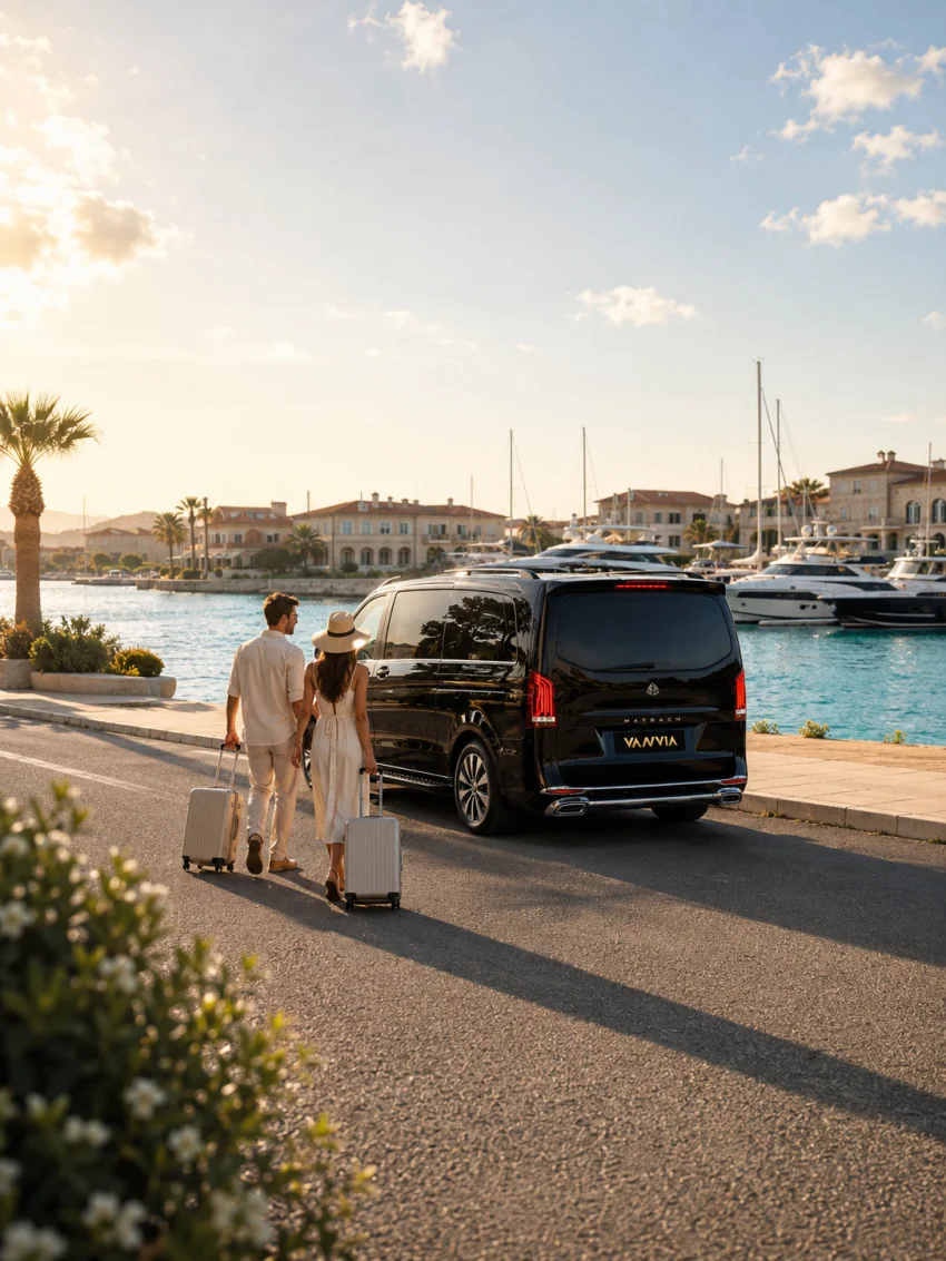 A black Vanvia VIP transfer vehicle waiting at a yacht marina in golden hour, with a couple walking to the quay with their suitcases