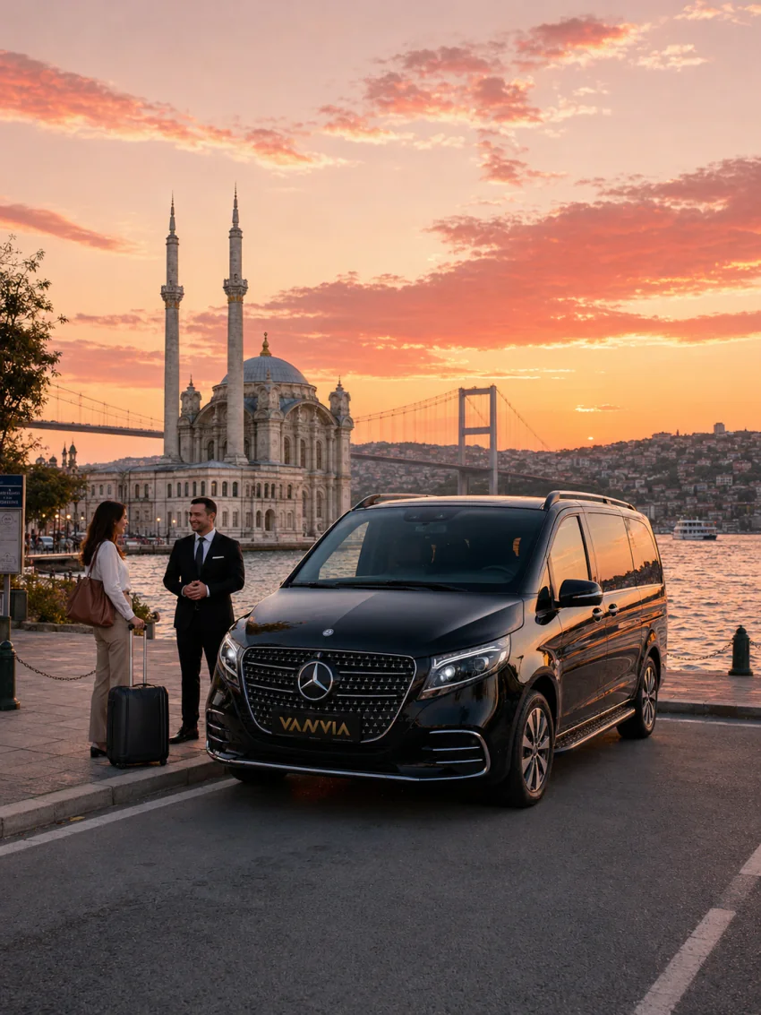 Ortaköy Camii ve Boğaz Köprüsü'nün gün batımı manzarasında bekleyen siyah Vanvia VIP transfer aracı ve şoförü
