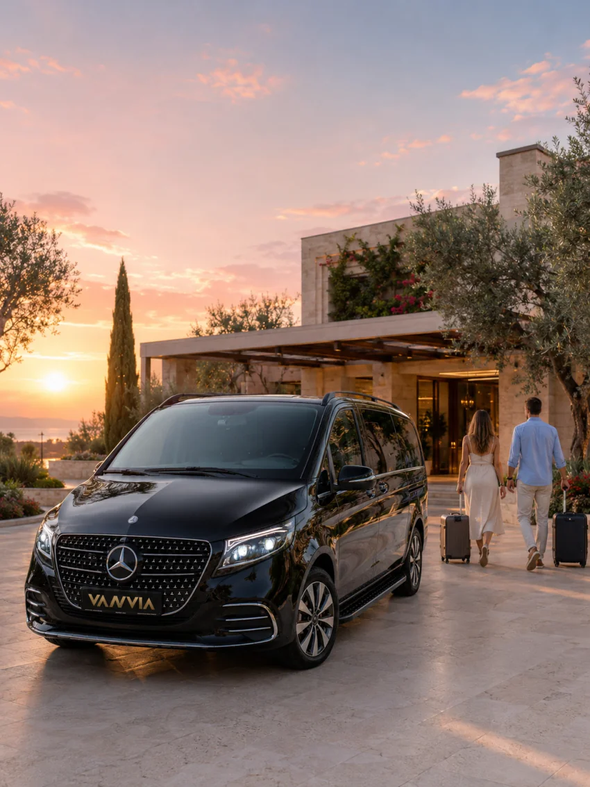 A couple walking with their suitcases toward a hotel entrance lined with olive trees at sunset, with a black Vanvia hotel transfer vehicle waiting in front