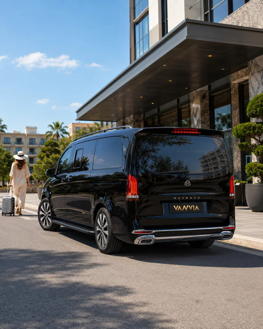 A single traveller walking away with luggage at a modern hotel entrance, with a black Vanvia transfer vehicle waiting during the day
