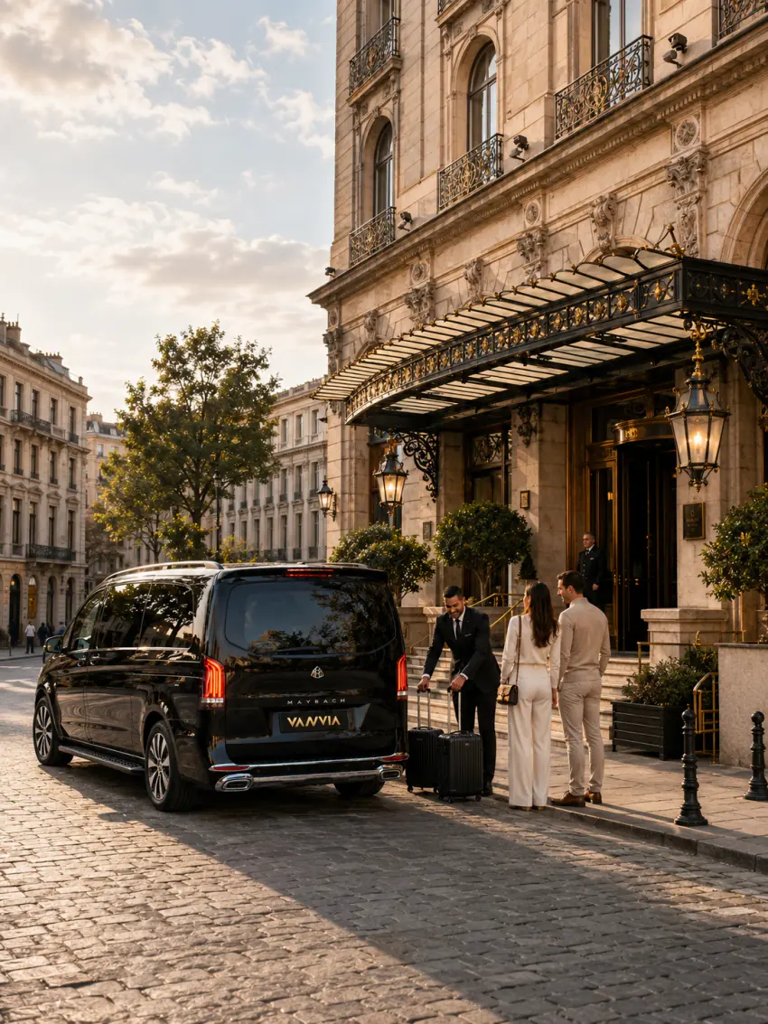 Ein Hotelangestellter trägt Gepäck vor dem Eingang eines historischen Hotels, neben einem wartenden schwarzen Vanvia-VIP-Transferfahrzeug und ankommenden Gästen
