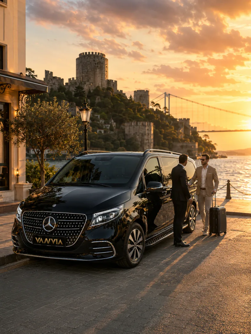 A driver meeting his passenger in front of the sunset view of Rumeli Fortress, with a black Vanvia VIP transfer vehicle