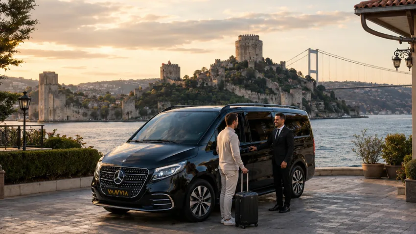 A black Vanvia VIP transfer vehicle and passengers waiting at sunset with a view of Rumeli Fortress and the Bosphorus Bridge