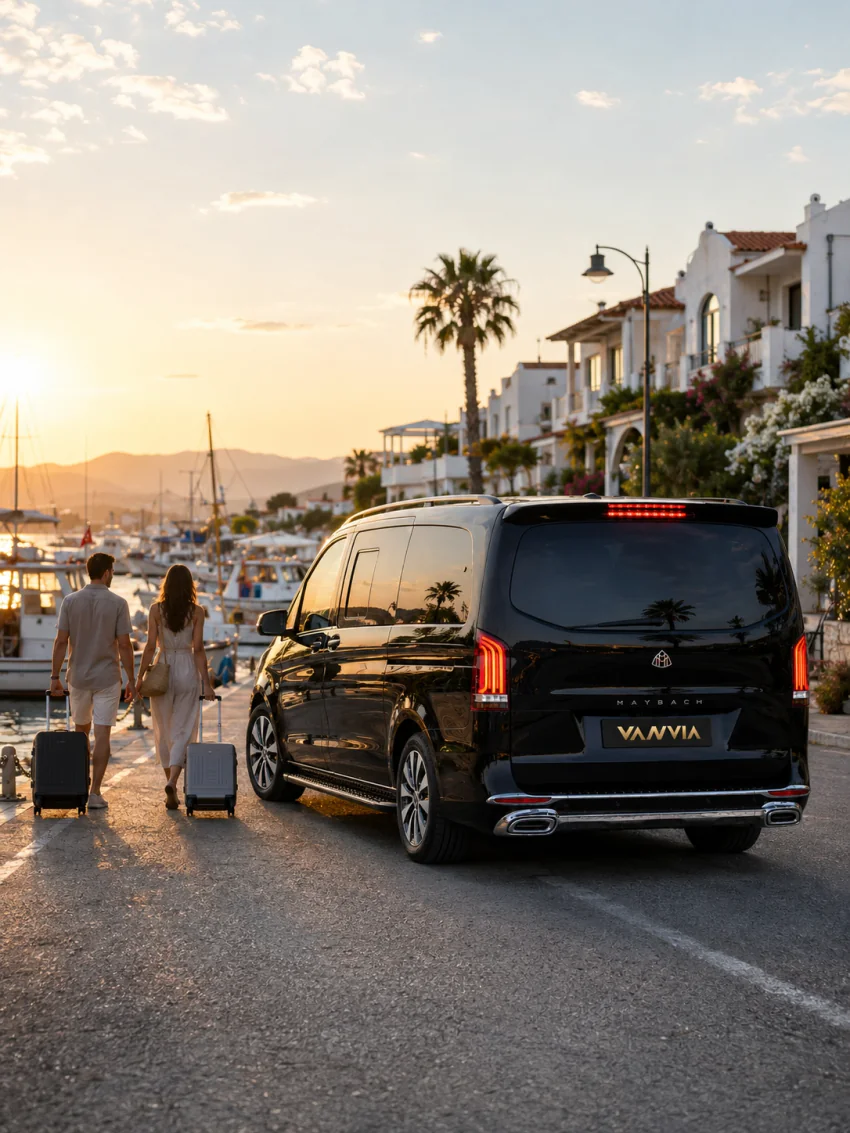 A couple walking toward the boat quay at a coastal marina at sunset, with a black Vanvia transfer vehicle waiting at the roadside