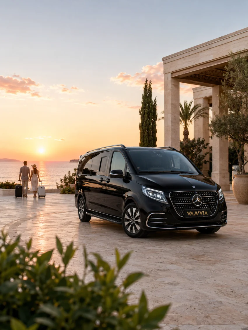 A black Vanvia VIP transfer vehicle waiting at sunset under a stone arched terrace with a sea view, a couple walking in the distance