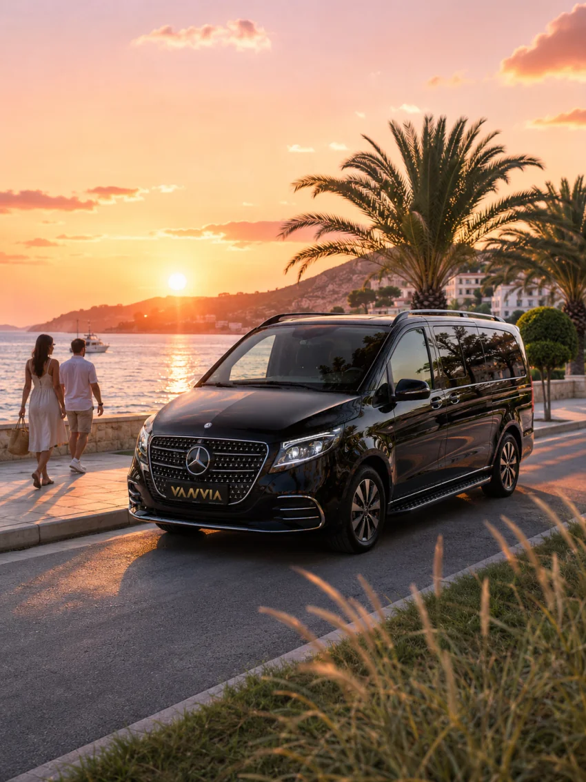 A black Vanvia VIP transfer vehicle moving along a palm-lined coastal road at sunset, with a couple walking at the roadside