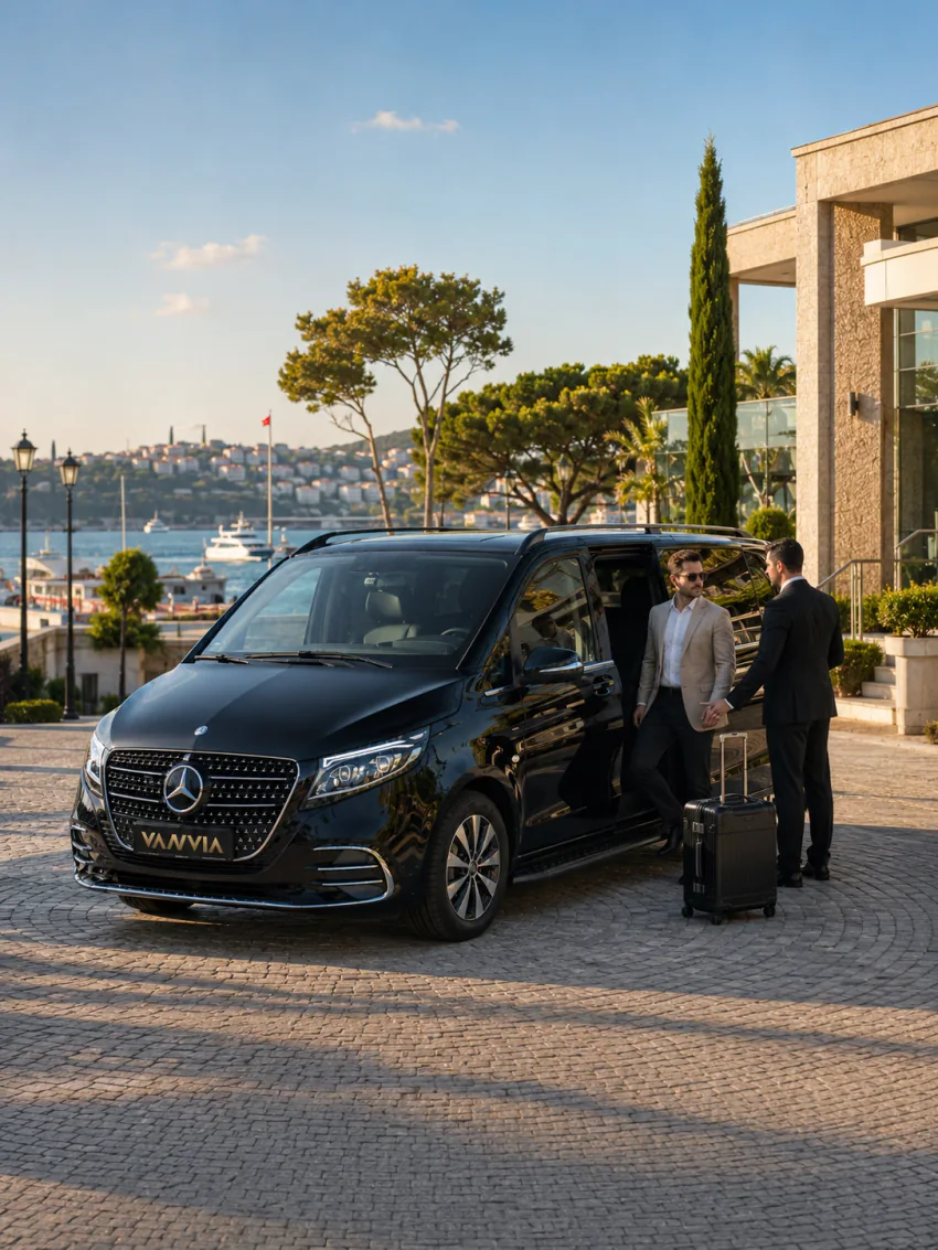A driver greeting his guest on a hotel terrace with a Bosphorus view in Tarabya, beside a black Vanvia VIP transfer vehicle
