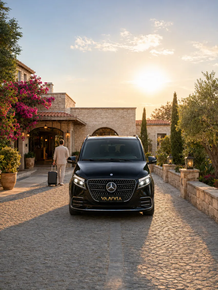 A single traveller walking with a suitcase toward a stone hotel entrance in golden hour, with a black Vanvia transfer vehicle waiting behind