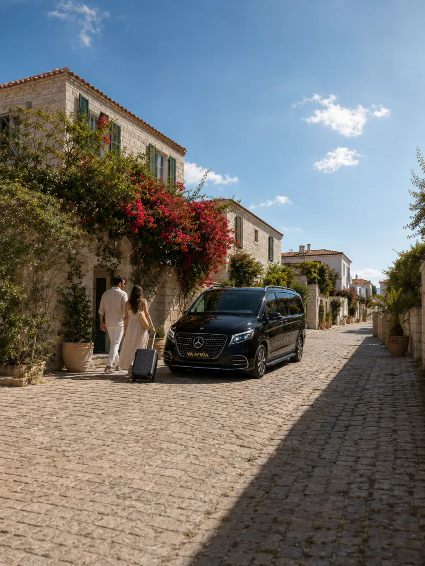 A couple walking with a suitcase along a stone street by day, with a black Vanvia transfer vehicle waiting at the roadside