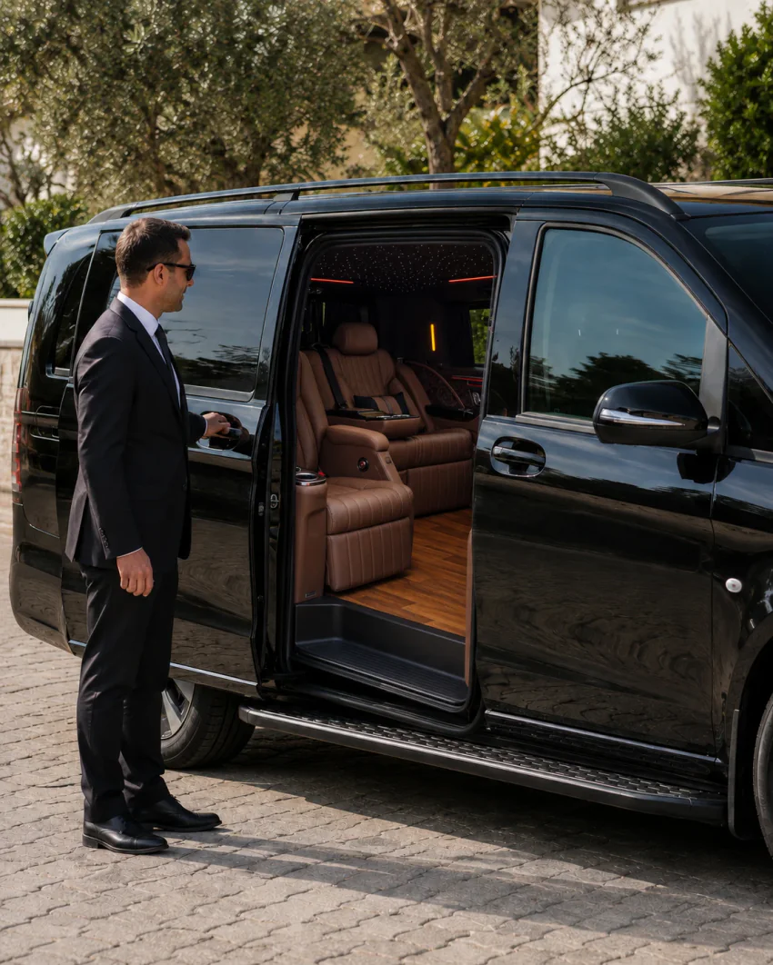 Ein schwarzes Vanvia-VIP-Transferfahrzeug mit geöffneter Schiebetür, die den hellbraunen Ledersitzbereich zeigt, daneben wartet der Chauffeur