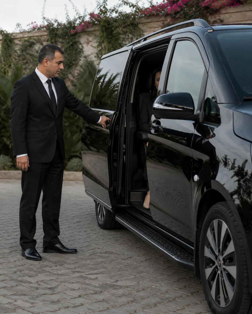 Ein Chauffeur öffnet die Schiebetür eines schwarzen Vanvia-VIP-Transferfahrzeugs für einen Gast in einem mit Bougainvillea bewachsenen Innenhof