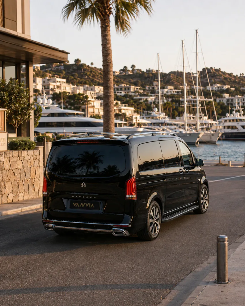 A rear view of a black Vanvia VIP transfer vehicle parked by a palm tree on the Yalıkavak Marina waterfront