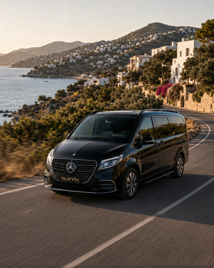 A black Vanvia VIP transfer vehicle driving along a coastal road near Yalıkavak, with white hillside houses in view