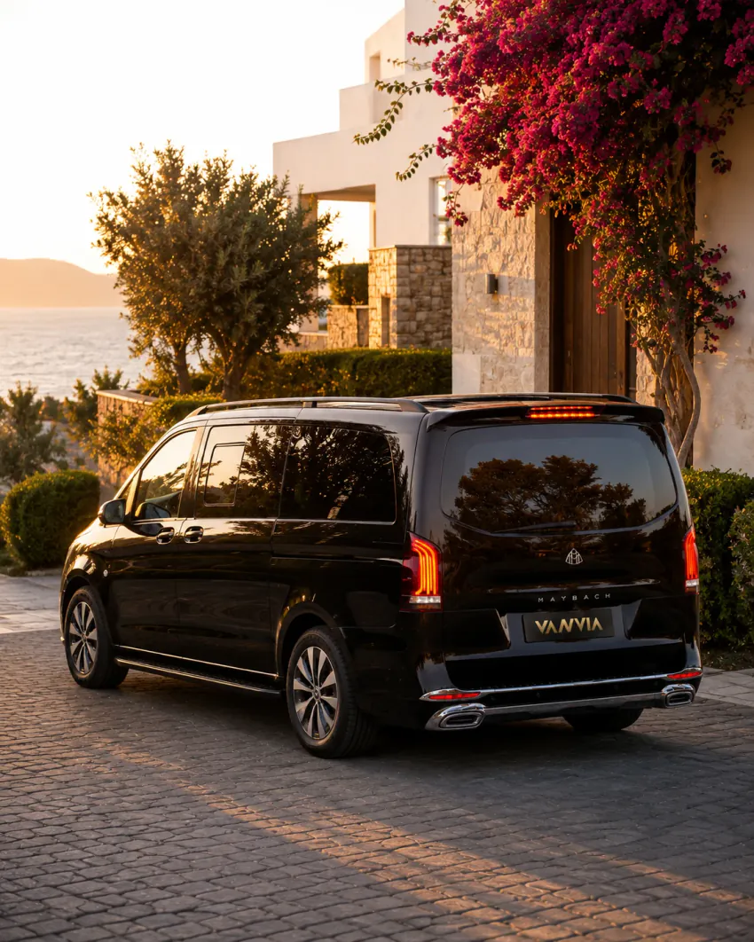 A rear view of a black Vanvia VIP transfer vehicle waiting at a generic Yalıkavak villa entrance with a sea view and bougainvillea