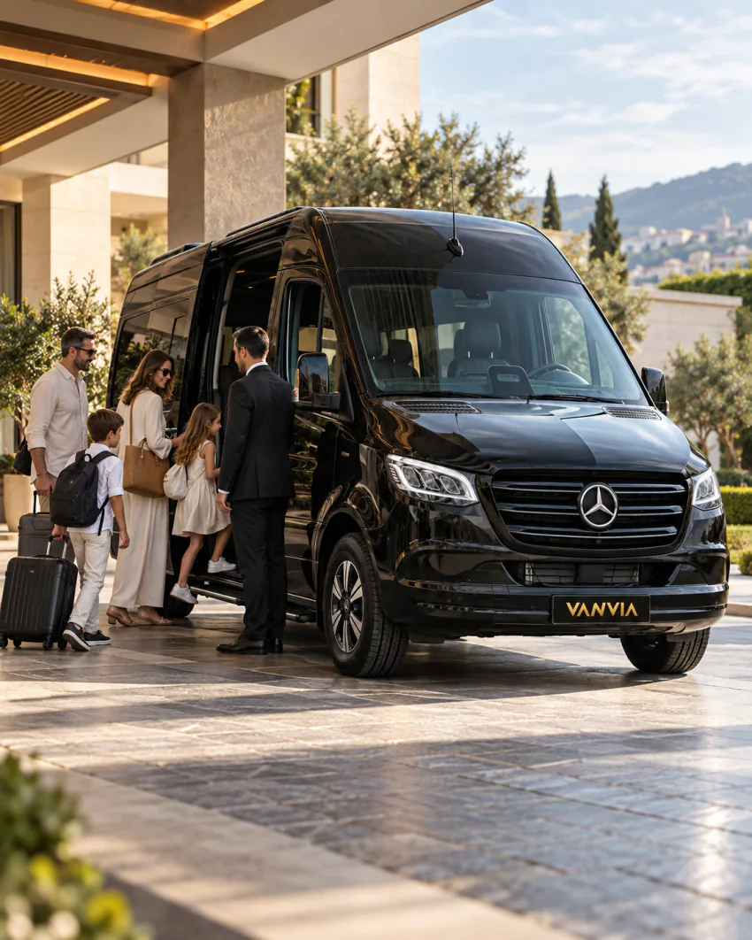 Am überdachten Eingang eines modernen Gebäudes hilft ein Chauffeur zwei Erwachsenen und zwei Kindern mit ihrem Gepäck beim Einsteigen in ein schwarzes Vanvia-VIP-Transferfahrzeug