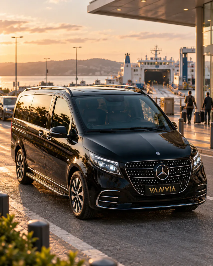 Ein schwarzes Vanvia-VIP-Transferfahrzeug neben einem Terminalvordach bei Sonnenuntergang, dahinter liegt eine Autofähre mit offener Rampe am Anleger, Reisende mit Koffern gehen darauf zu