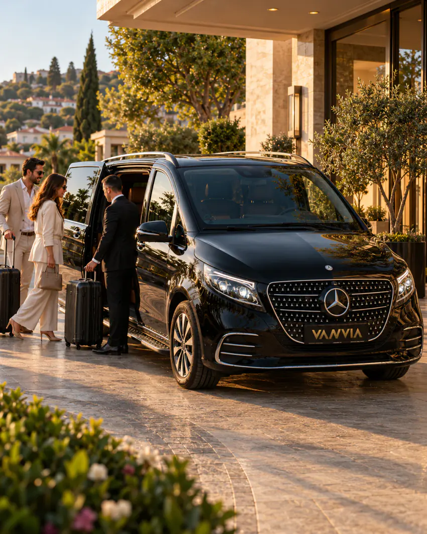 Am überdachten Eingang eines modernen Steingebäudes nimmt ein Chauffeur einen Koffer an einem schwarzen Vanvia-VIP-Transferfahrzeug entgegen, während zwei Gäste ankommen