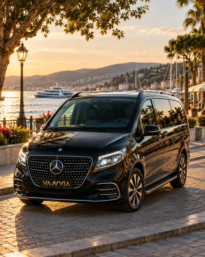 Yalova VIP Transfer: ein schwarzes Vanvia-Fahrzeug auf einer Uferpromenade bei Sonnenuntergang, auf dem Wasser ein Passagierschiff, dahinter Segelmasten und ein Hangort